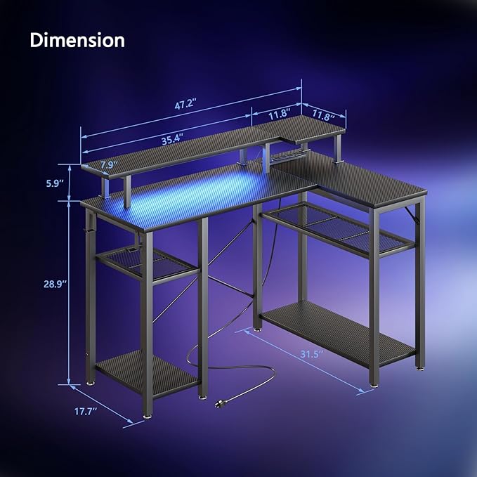 Gaming Desk with Power Outlets & Music Strip Lights, L-Shaped Desk with 2-Layer Storage on Both Sides, Large Monitor Stand for Office Home - LeafyLoom