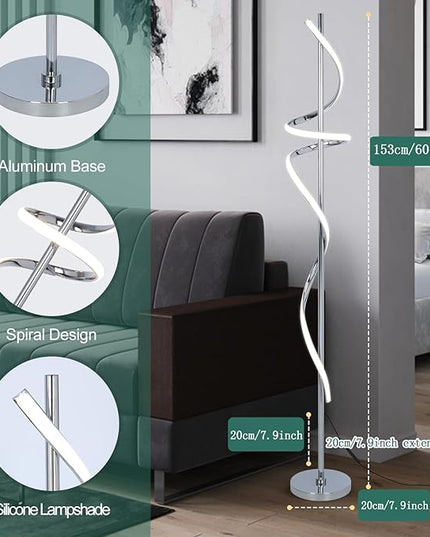 LED Modern Floor Lamp for Living Room,60" Spiral Floor Lamps with Remote Control,48W 3 Colors Stepless Dimmable Floor Standing Lamp Reading Corner Floor Tall Lamp for Bedroom Office - Chrome - LeafyLoom