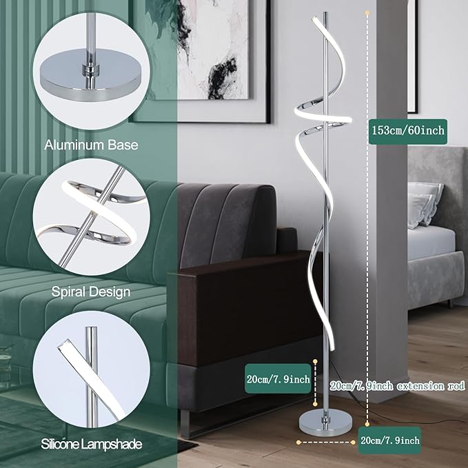 LED Modern Floor Lamp for Living Room,60" Spiral Floor Lamps with Remote Control,48W 3 Colors Stepless Dimmable Floor Standing Lamp Reading Corner Floor Tall Lamp for Bedroom Office - Chrome - LeafyLoom