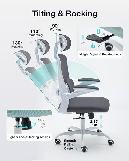 Ergonomic Office Chair with Tilt-Lock, Home Office Desk Chair with Auto Lumbar Support, High Back Mesh Desk Chair with Adjustable Headrest, Swivel Task Chair or Study Room Bedroom,Dark Gray - LeafyLoom