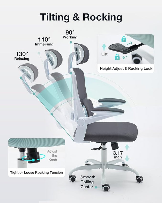 Ergonomic Office Chair with Tilt-Lock, Home Office Desk Chair with Auto Lumbar Support, High Back Mesh Desk Chair with Adjustable Headrest, Swivel Task Chair or Study Room Bedroom,Dark Gray - LeafyLoom