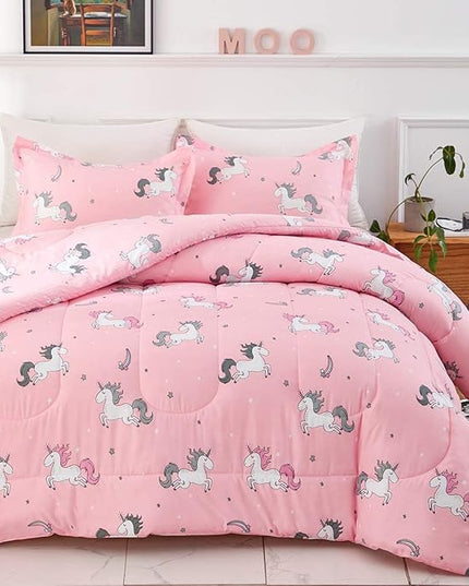 UOZZI BEDDING Bed in a Bag 6 Pieces Twin Size Unicorn Pink with Rainbow Star - Soft Microfiber, Reversible Bed Comforter Set (1 Comforter, 2 Pillow Shams, 1 Flat Sheet, 1 Fitted Sheet, 1 Pillowcases) - LeafyLoom