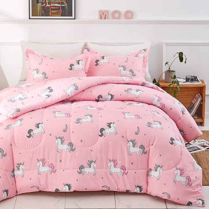 UOZZI BEDDING Bed in a Bag 6 Pieces Twin Size Unicorn Pink with Rainbow Star - Soft Microfiber, Reversible Bed Comforter Set (1 Comforter, 2 Pillow Shams, 1 Flat Sheet, 1 Fitted Sheet, 1 Pillowcases) - LeafyLoom