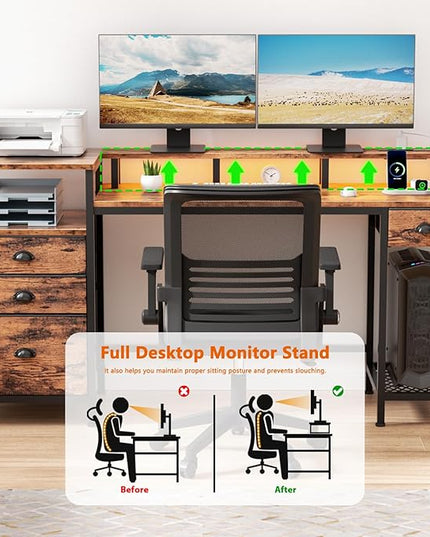 Furologee Computer Desk with Drawers, 60" Office Long Desk with Fabric File Cabinet and Power Outlets, Gaming Desk with LED Lights, Study Writing Work Desk for Home Office, Rustic Brown - LeafyLoom