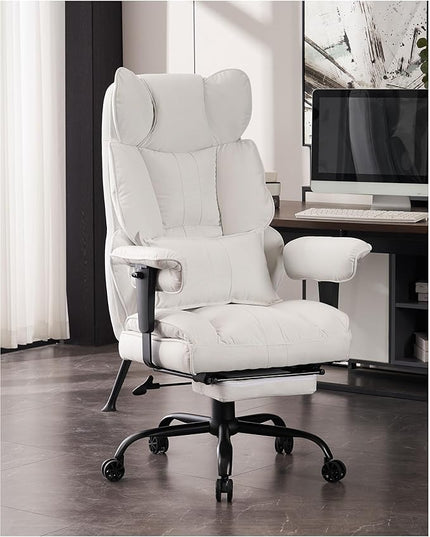 Fabric Office Chair, Big and Tall Office Chair 400 lb Weight Capacity, High Back Executive Office Chair with Foot Rest, Ergonomic Office Chair for Back Pain Relief, White - LeafyLoom