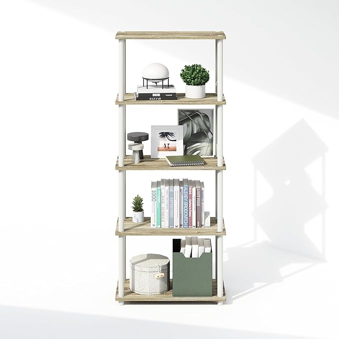 Furinno Turn-N-Tube 5-Tier Multipurpose Compact Display Rack, Shelving Unit, Bookcase, Sonoma Oak/White - LeafyLoom