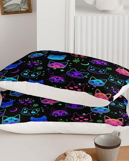 Axolotl Cat Comforter Set Twin,Kawaii Trippy Cat Moon Stars Bedding Set with 1 Comforter 2 Pillowcases for Kids Boys Girls Teens Adults Room Decor All Season,Colorful Neon Trippy Bed Set - LeafyLoom