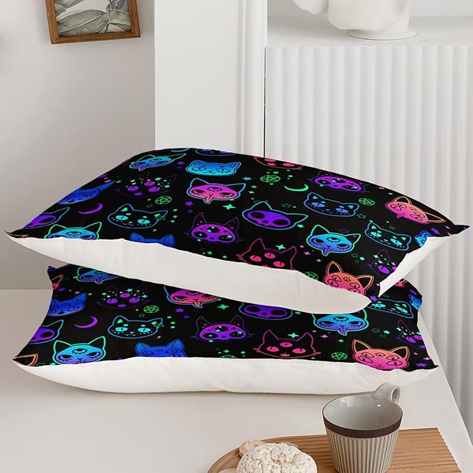 Axolotl Cat Comforter Set Full,Kawaii Trippy Cat Moon Stars Bedding Set with 1 Comforter 2 Pillowcases for Kids Boys Girls Teens Adults Room Decor All Season,Colorful Neon Trippy Bed Set - LeafyLoom