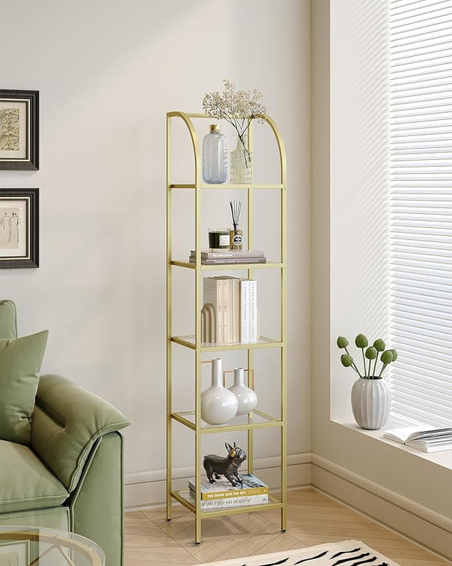Bookcase Bookshelf, Tempered Glass Arched Bookshelf for More Storage, Slim Shelving Unit for Bedroom, Bathroom, Home Office, Steel Frame, 5 Tier Gold BC20599G - LeafyLoom