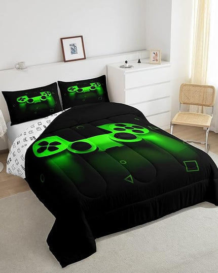 Gamer Comforter Set For Boys Twin,Gaming Bedding Comforters For Kids Teens Men Game Room Decor,Video Game Down Comforter Reversible Retro Green Gamepad Controller Quilt Duvet Sets Home Decor 2 Pcs - LeafyLoom