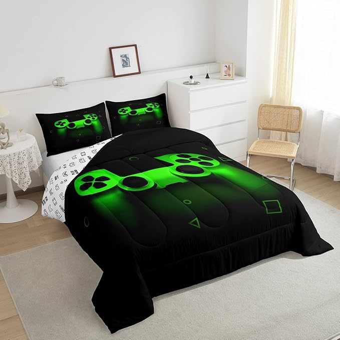 Gamer Comforter Set For Boys Twin,Gaming Bedding Comforters For Kids Teens Men Game Room Decor,Video Game Down Comforter Reversible Retro Green Gamepad Controller Quilt Duvet Sets Home Decor 2 Pcs - LeafyLoom