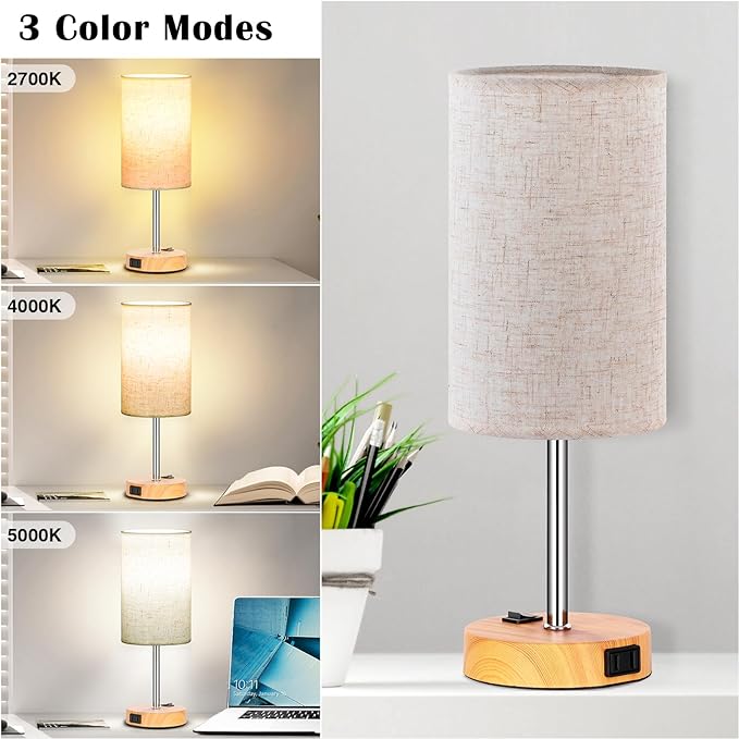 ZJOJO Table Lamp Bedside Lamps for Bedroom, Bedside Lamps Set of 2 with 3 Way Dimmable Using Rocker Switch Nightstand Lamp Night Lamp with AC Outlets for Living Room/Reading Room - LeafyLoom