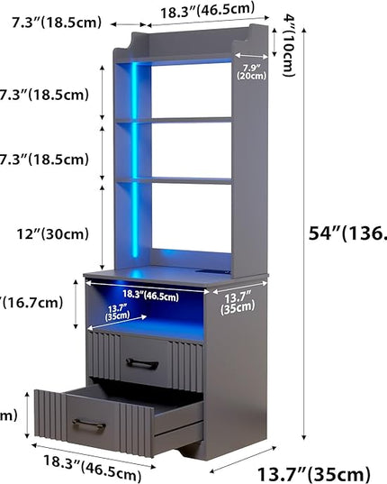 Vlsrka Tall Nightstand with Charging Station, 54" Smart Nightstand with LED Lights, Modern Night Stand with Bookshelf, Bedside Tables with Storage Cabinet for Bedroom, Grey - LeafyLoom