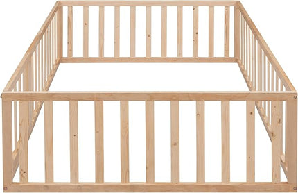 Multifunctional Full Size Floor Bed with Safety Guardrails and Door, Montessori Sturdy Solid Wood Beds Frame, Easy Assembly and No Spring Need, for Boys and Girls Room, Natural - LeafyLoom