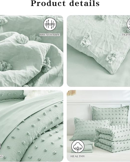 7 Pieces Tufted Dots Bed in a Bag Queen Comforter Set with Sheets Green , Soft and Embroidery Shabby Chic Boho Comforters, Solid Color with Pom Pom Design, Jacquard Tufts Bedding Set for All Season - LeafyLoom