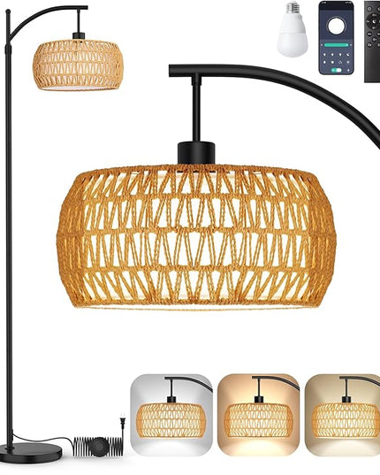 Arc Floor Lamp with Remote & App Control, 10 Color Modes, 10 Dimmable Brightness, Boho Tall Standing Lamps with LED Smart Bulb, Rattan & Fabric Double Drum Shade for Living Room Bedroom Office - LeafyLoom