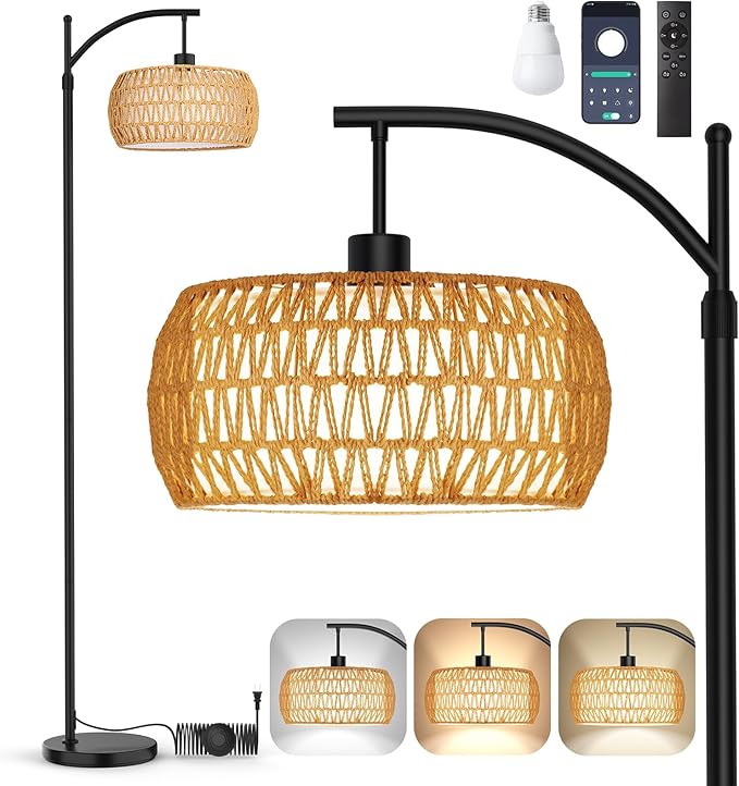Arc Floor Lamp with Remote & App Control, 10 Color Modes, 10 Dimmable Brightness, Boho Tall Standing Lamps with LED Smart Bulb, Rattan & Fabric Double Drum Shade for Living Room Bedroom Office - LeafyLoom
