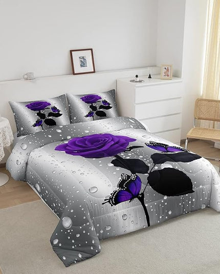 3D Rose Comforter Set Rose Floral Print Bedding Set Romantic Flowers Comforter for Kids Boys Girls Children Teens Bedroom Decor Purple Rose Butterfly Duvet Set King Size Quilt Set With 2 Pillow Case - LeafyLoom