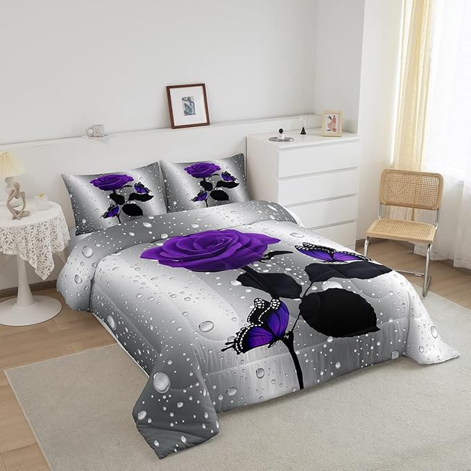 3D Rose Comforter Set Rose Floral Print Bedding Set Romantic Flowers Comforter for Kids Boys Girls Children Teens Bedroom Decor Purple Rose Butterfly Duvet Set King Size Quilt Set With 2 Pillow Case - LeafyLoom