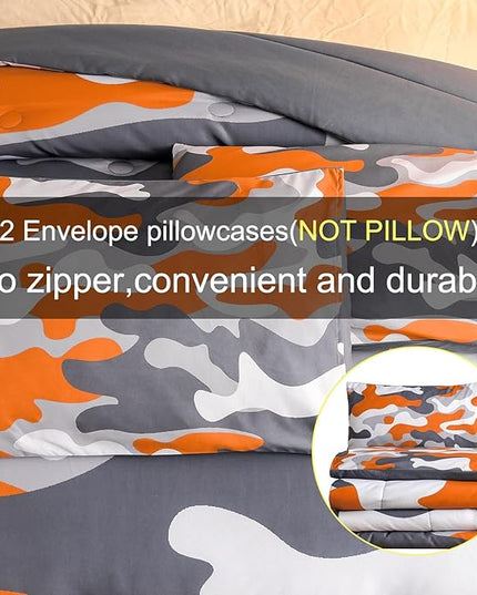 Meeting Story Camouflage Bedding Set, Colorful Pattern Style Comforter Set, 5 PCS One Comforter Two Pillowcases Two Sheets in One Bag, All Season Bedspread for Teens Adults (Orange, Full 5Pcs) - LeafyLoom