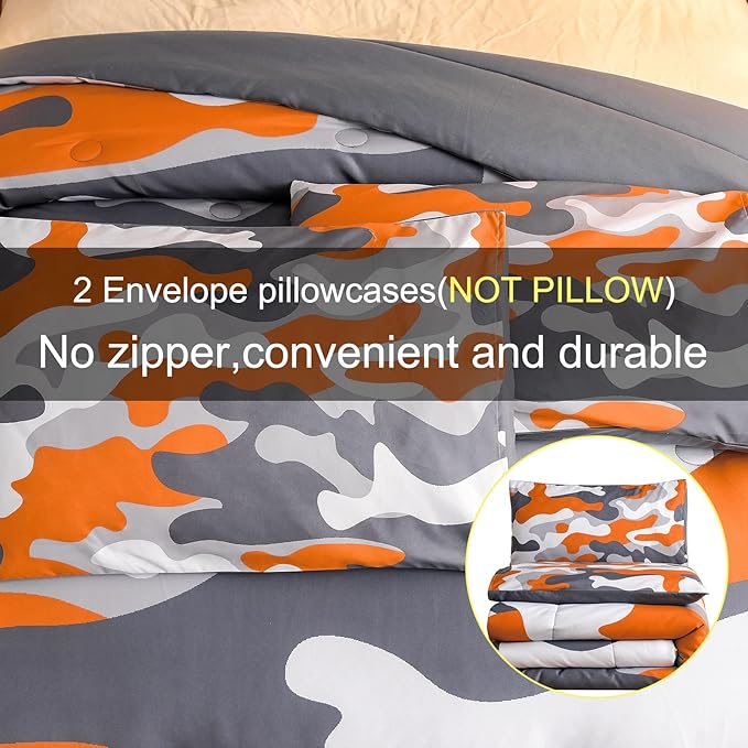 Meeting Story Camouflage Bedding Set, Colorful Pattern Style Comforter Set, 5 PCS One Comforter Two Pillowcases Two Sheets in One Bag, All Season Bedspread for Teens Adults (Orange, Full 5Pcs) - LeafyLoom