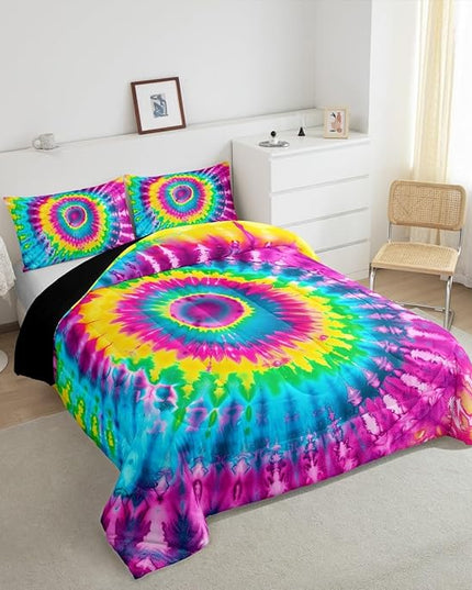 2 Piece Rainbow Tie Dye Comforter Set with 1 Pillowcase Boho Psychedelic Bedding Set for Kids Girls Teens Bohemian Gypsy Exotic Spiral Quilted Duvet Soft Comfy, Watercolor Art Down Comforter,Twin - LeafyLoom