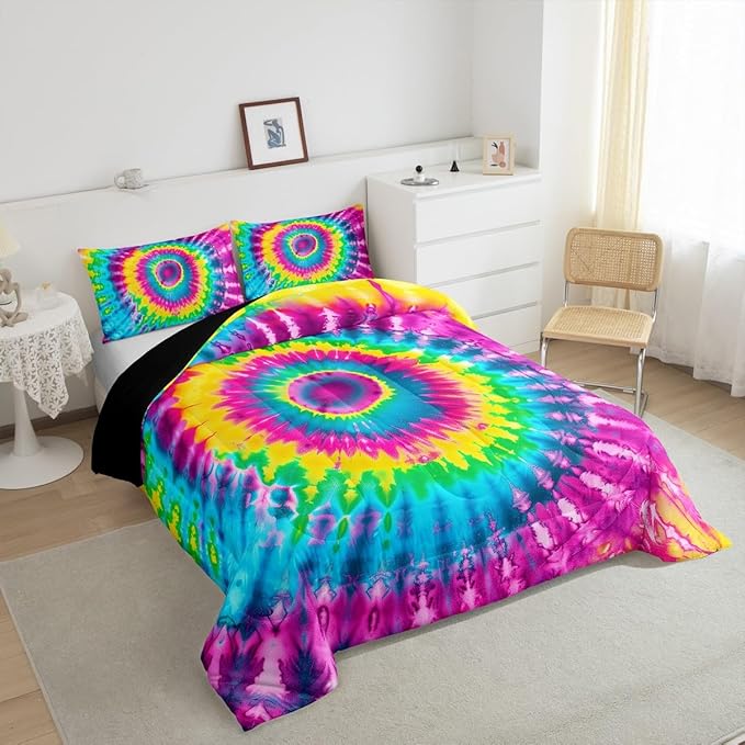 2 Piece Rainbow Tie Dye Comforter Set with 1 Pillowcase Boho Psychedelic Bedding Set for Kids Girls Teens Bohemian Gypsy Exotic Spiral Quilted Duvet Soft Comfy, Watercolor Art Down Comforter,Twin - LeafyLoom