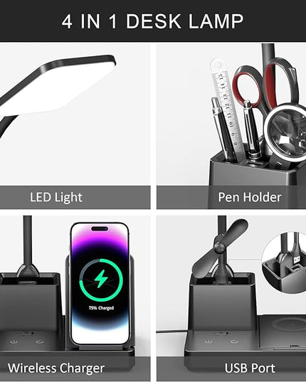 Desk Lamp with Wireless Charger USB Charging Port, Eye-Caring Desk Lamp for Home Office with Pen Holder, Dimmable Table Lamps 3 Color Modes - LeafyLoom