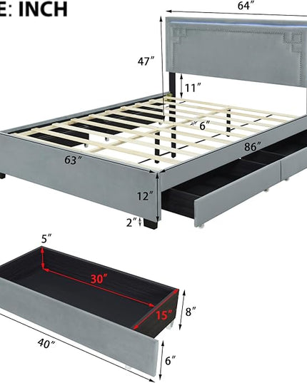 RITSU Queen Size Modern Upholstered Platform Bed with LED Bedframe and 4 Drawers Storable, Rivet-Decorated Headboard, No Box Spring Required, for Living Room, Apartment, Gray - LeafyLoom