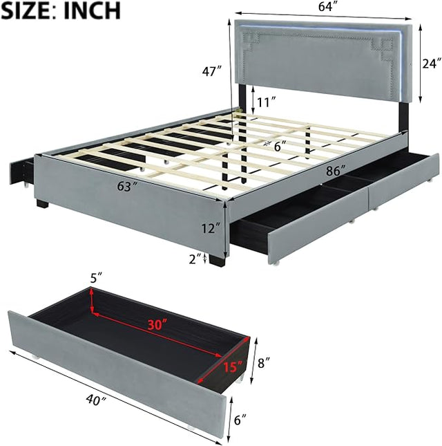 RITSU Queen Size Modern Upholstered Platform Bed with LED Bedframe and 4 Drawers Storable, Rivet-Decorated Headboard, No Box Spring Required, for Living Room, Apartment, Gray - LeafyLoom