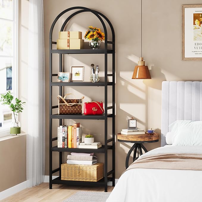 Tribesigns 5-Tier Open Bookshelf, 74.4" Wood Bookcase Storage Shelves with Metal Frame, Freestanding Display Rack Tall Shelving Unit for Office, Bedroom, Living Room, Easy Assembly(Black, 1PC) - LeafyLoom
