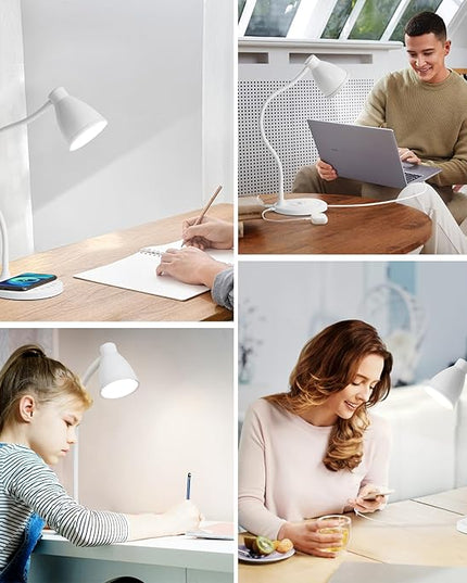 BOHON Desk Lamp for Home Office, LED Desk Light with USB C+A Charging Ports, Wireless Charger, 5 Colors Stepless Dimming Reading Light Timer, Touch Bedside Table Lamp for College Dorm Room White - LeafyLoom