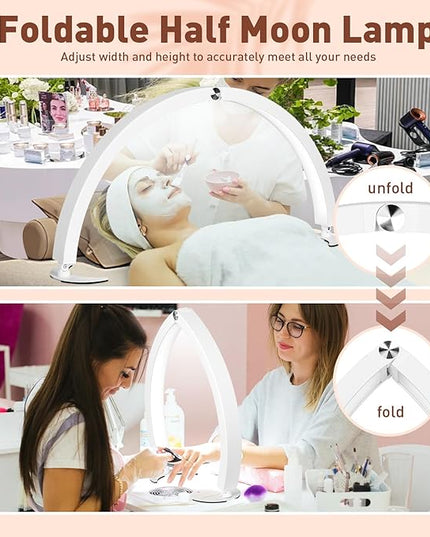 HITTI Half Moon Light for Nail Desk with Phone Holder, Foldable Nail Tech Light, Lash Table Lamp with Wire Controller & Remote, 7 Color Modes 10 Brightness for Extension Tattoo Craft Beauty - White - LeafyLoom