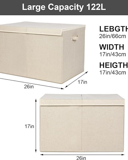popoly 122L Large Toy Box Chest with Lid, Foldable Toy Storage Organizer Bin Boxes with Removable Divider for Kids, Boys, Girls, Nursery, Playroom, 26"x17" x17" (Linen Beige) - LeafyLoom