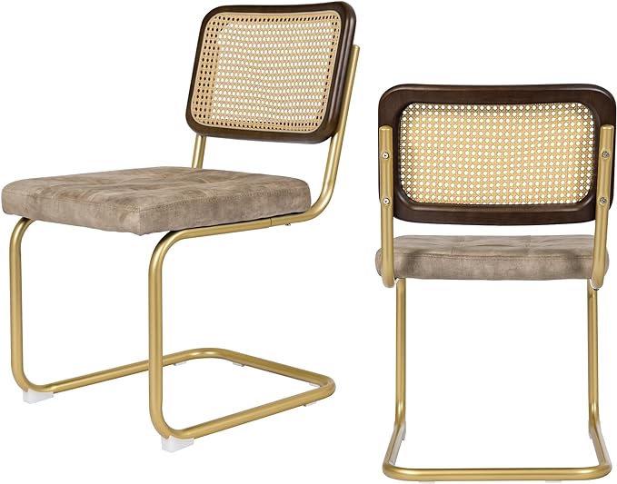 Mid Century Modern Dining Chairs Set of 2, Rattan Cantilever Kitchen Chairs, Dining Room Chairs Light Brown Upholstered, Solid Wood Cane Back, Gold Stainless Chrome Base Heavy Duty - LeafyLoom
