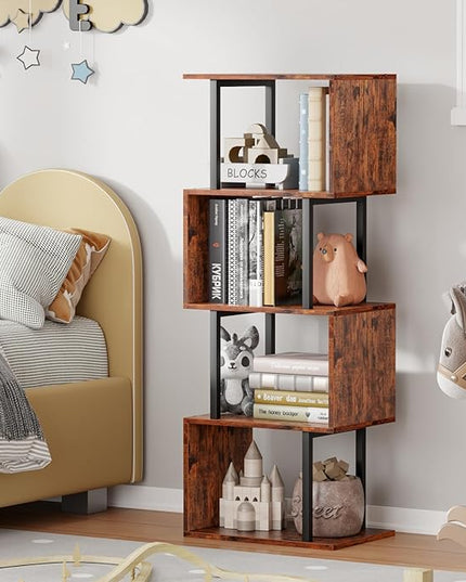 Furologee 5-Tier Bookshelf, S-Shaped Geometric Bookcase, Narrow Freestanding Display Shelves, Modern Wood Decorative Storage Shelving Rack for Bedroom, Living Room, Home Office, Rustic Brown - LeafyLoom