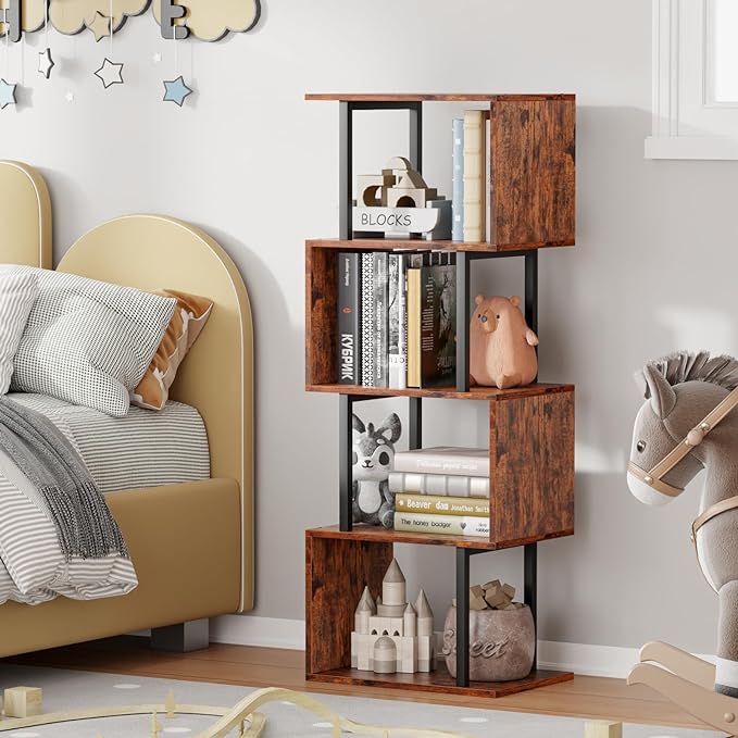 Furologee 5-Tier Bookshelf, S-Shaped Geometric Bookcase, Narrow Freestanding Display Shelves, Modern Wood Decorative Storage Shelving Rack for Bedroom, Living Room, Home Office, Rustic Brown - LeafyLoom