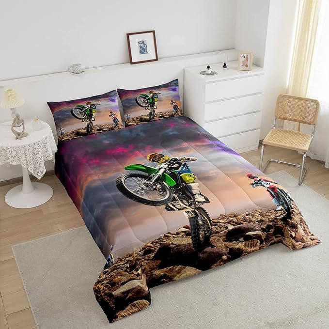 Dirt Bike Comforter Set for Boys Bedroom Motocross Rider Extreme Sports Duvet Insert Mountain Bike Bedding Quilted Set Kids Motorcycle Motorbike Down Comforter,Soft Lightweight for All Season,Full - LeafyLoom