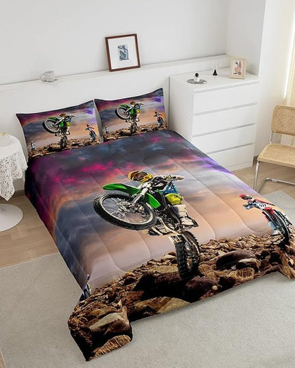 Dirt Bike Comforter Set for Boys Bedroom Motocross Rider Extreme Sports Duvet Insert Mountain Bike Bedding Quilted Set Kids Motorcycle Motorbike Down Comforter,Soft Lightweight for All Season,Queen - LeafyLoom