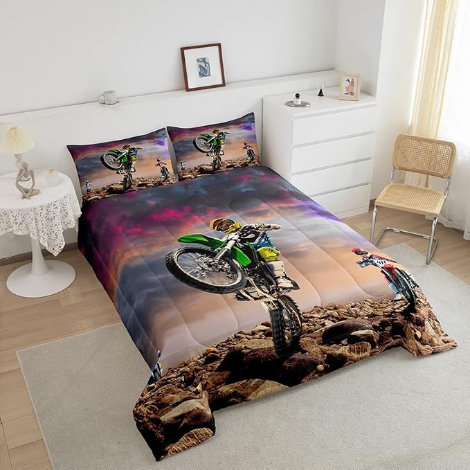 Dirt Bike Comforter Set for Boys Bedroom Motocross Rider Extreme Sports Duvet Insert Mountain Bike Bedding Quilted Set Kids Motorcycle Motorbike Down Comforter,Soft Lightweight for All Season,Twin XL - LeafyLoom