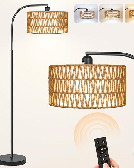 Rattan Floor Lamps for Living Room, Boho Standing Lamps with Rattan& Linen Double Shades, Arc Lamps Floor Standing with 9W Bulb, Foot Switch, Bohemian Floor Lamps for Bedroom, Office - LeafyLoom