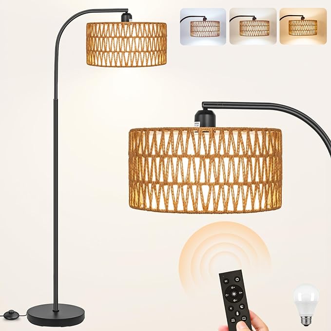 Rattan Floor Lamps for Living Room, Boho Standing Lamps with Rattan& Linen Double Shades, Arc Lamps Floor Standing with 9W Bulb, Foot Switch, Bohemian Floor Lamps for Bedroom, Office - LeafyLoom