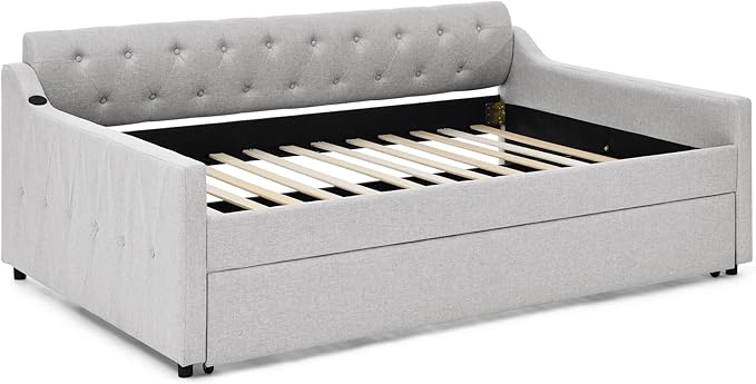 Full Size Upholstery modern linen Daybed, Trundle sofaBed,Armrest with USB charging end pull out Button Tufted Armrest side with pocket,for Bedroom Living Room - LeafyLoom
