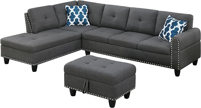 Living Room Sectional Sofa Set with Storage Ottoman, L Shape Linen Upholstered Modular Couch & Chaise Lounge, Flip-up Armrest Cup Holder, Furniture for Home Office, Dark Gray, 98 - LeafyLoom