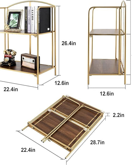No Assembly Folding Bookshelf for Living Room, 2 Tier Gold Collapsible Book Shelf for Home Office, Portable Bookcase Storage Organizer - LeafyLoom