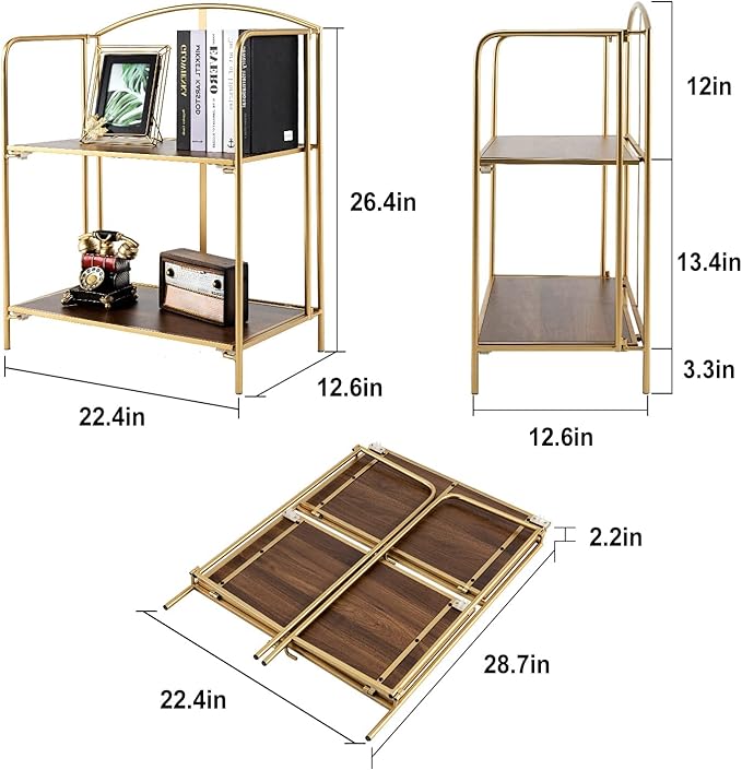 No Assembly Folding Bookshelf for Living Room, 2 Tier Gold Collapsible Book Shelf for Home Office, Portable Bookcase Storage Organizer - LeafyLoom