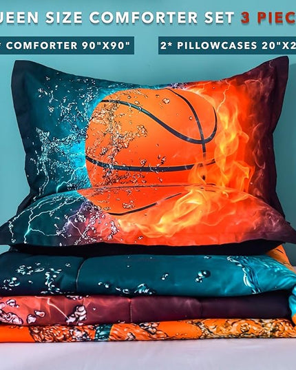 Andency Basketball Comforter Queen(90x90 Inch), 3 Pieces(1 Basketball Comforter, 2 Pillowcases) Sport Microfiber Comforter Set Bedding Set for Kids Boys Girls Teens - LeafyLoom
