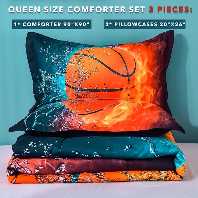Andency Basketball Comforter Queen(90x90 Inch), 3 Pieces(1 Basketball Comforter, 2 Pillowcases) Sport Microfiber Comforter Set Bedding Set for Kids Boys Girls Teens - LeafyLoom