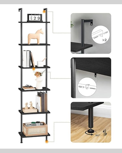HOOBRO DIY Ladder Shelf, 6-Tier Wooden Wall Mounted Bookshelf, Narrow Bookcase, Display Shelf, Storage Rack, Plant Stand, for Living Room, Bedroom, Study, Balcony, Black BB651CJ01 - LeafyLoom
