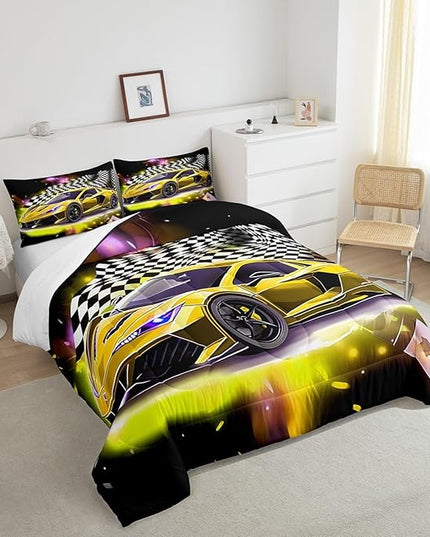 Yellow Sports Car Comforter Sets Full Size, Boys Race Car Bedding for Teens Girls Adult Extreme Speed Race Car Duvet Sets Black and White Grids Print Car Theme Bedroom Decor Quilts - LeafyLoom
